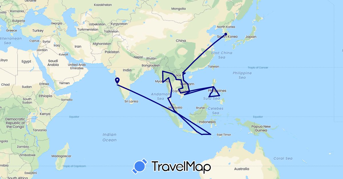 TravelMap itinerary: driving in Indonesia, India, Cambodia, South Korea, Laos, Myanmar (Burma), Malaysia, Philippines, Singapore, Thailand, Vietnam (Asia)